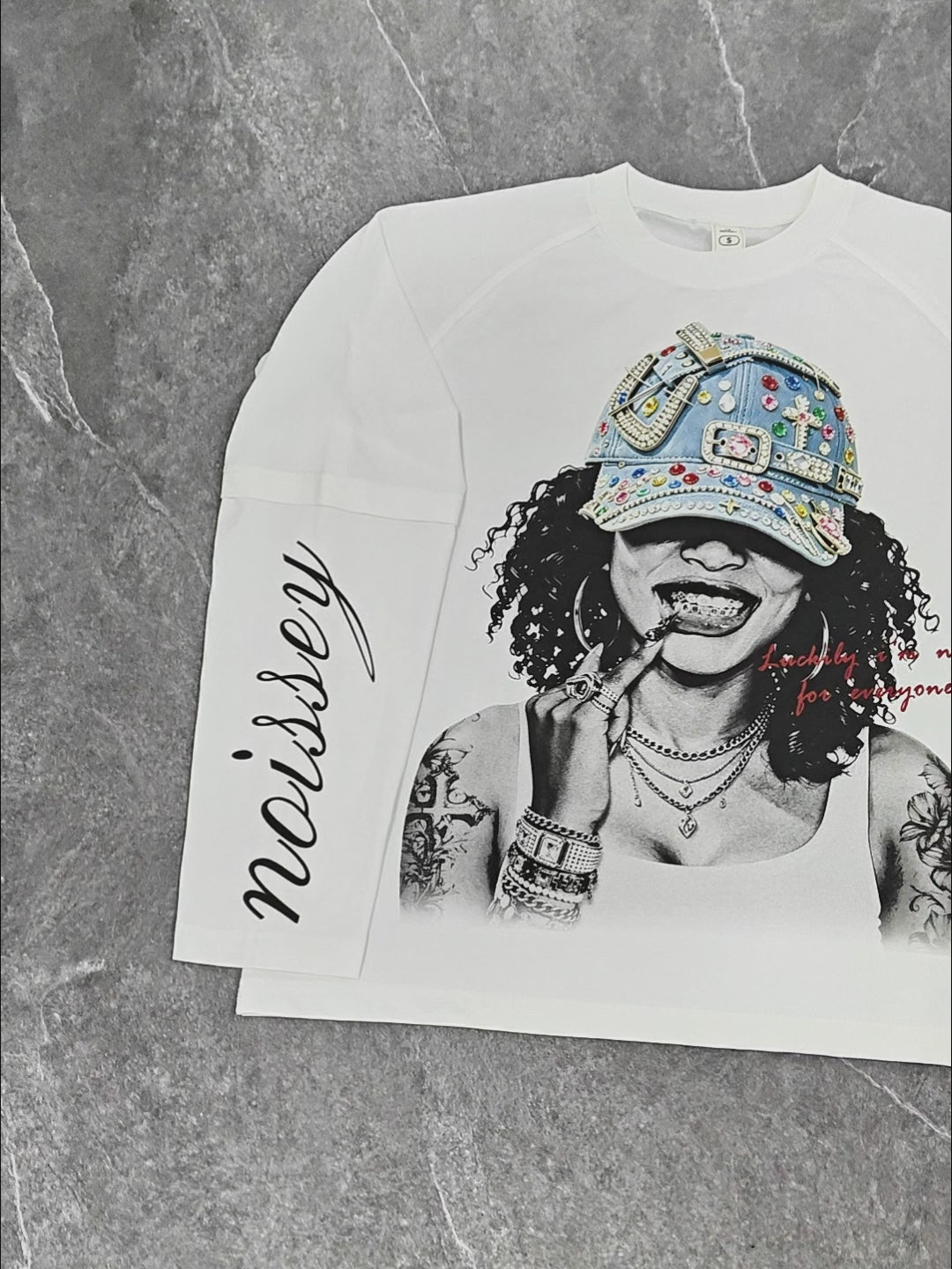 NOISSEY Bedazzled Cap Portrait Graphic Heavyweight Faux Two-Piece Crewneck Long Sleeves
