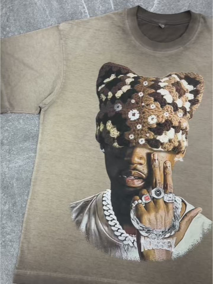 NOISSEY Chocolate Brown "Crochet Cat Beanie" Portrait Vintage Wash Tee