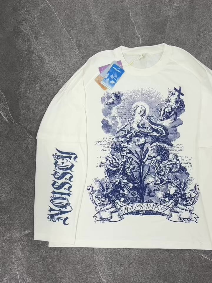Camiseta de manga larga NOISSEY con efecto de capas, grabado a bolígrafo de la Virgen María y ángeles - Blanco puro
