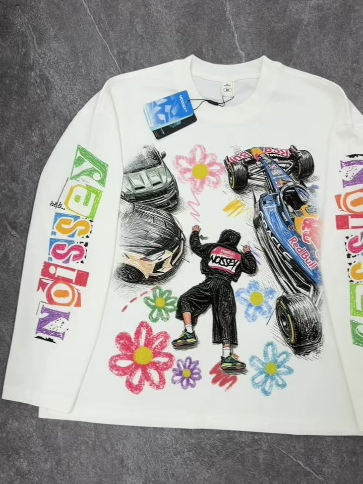 NOISSEY Falling Stars Motorsport Graffiti Art Long Sleeve Tee - White