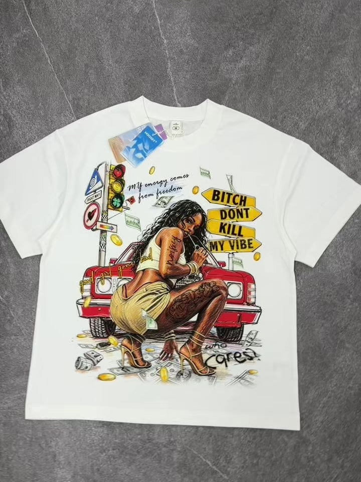 NOISSEY Vintage Red Car & Tattooed Girl Graphic T-Shirt - White Oversized Streetwear Tee