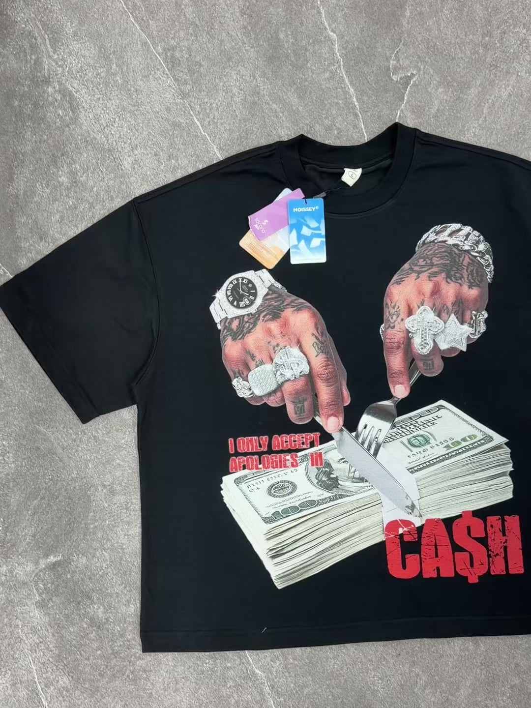 NOISSEY "Cash Apology" Black Tee - Vintage Graphic T-Shirt