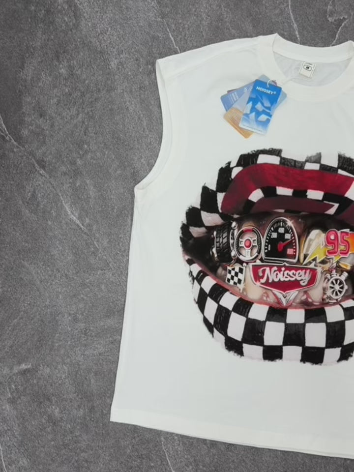 NOISSEY "Checkered Racing Lips" Heavyweight Tanktop - White Boxy Graphic Tank