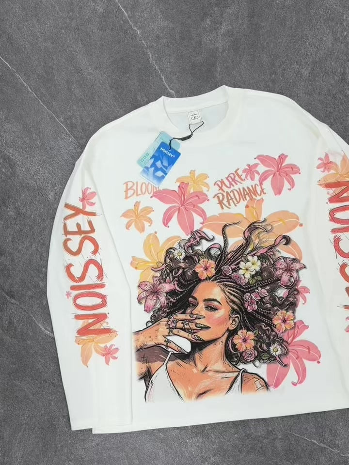 NOISSEY Braided Girl & Blooming Floral Graffiti Long Sleeve T-Shirt - Pure White