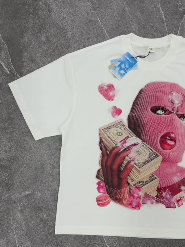 NOISSEY "Balaclava Pink Trap Girl" Tee - Clean White 255G Heavyweight Boxy Oversized Money Graphic T-Shirt