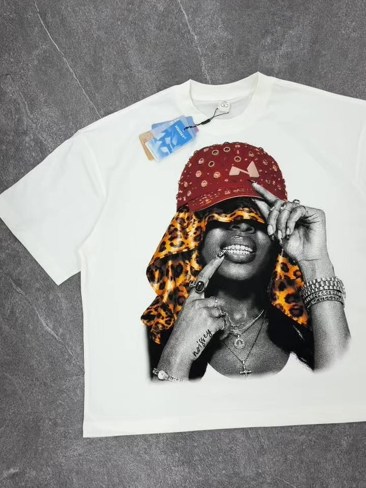 NOISSEY Rhinestone Red Cap &amp; Leopard Girl Graphic Heavyweight Boxy Tee