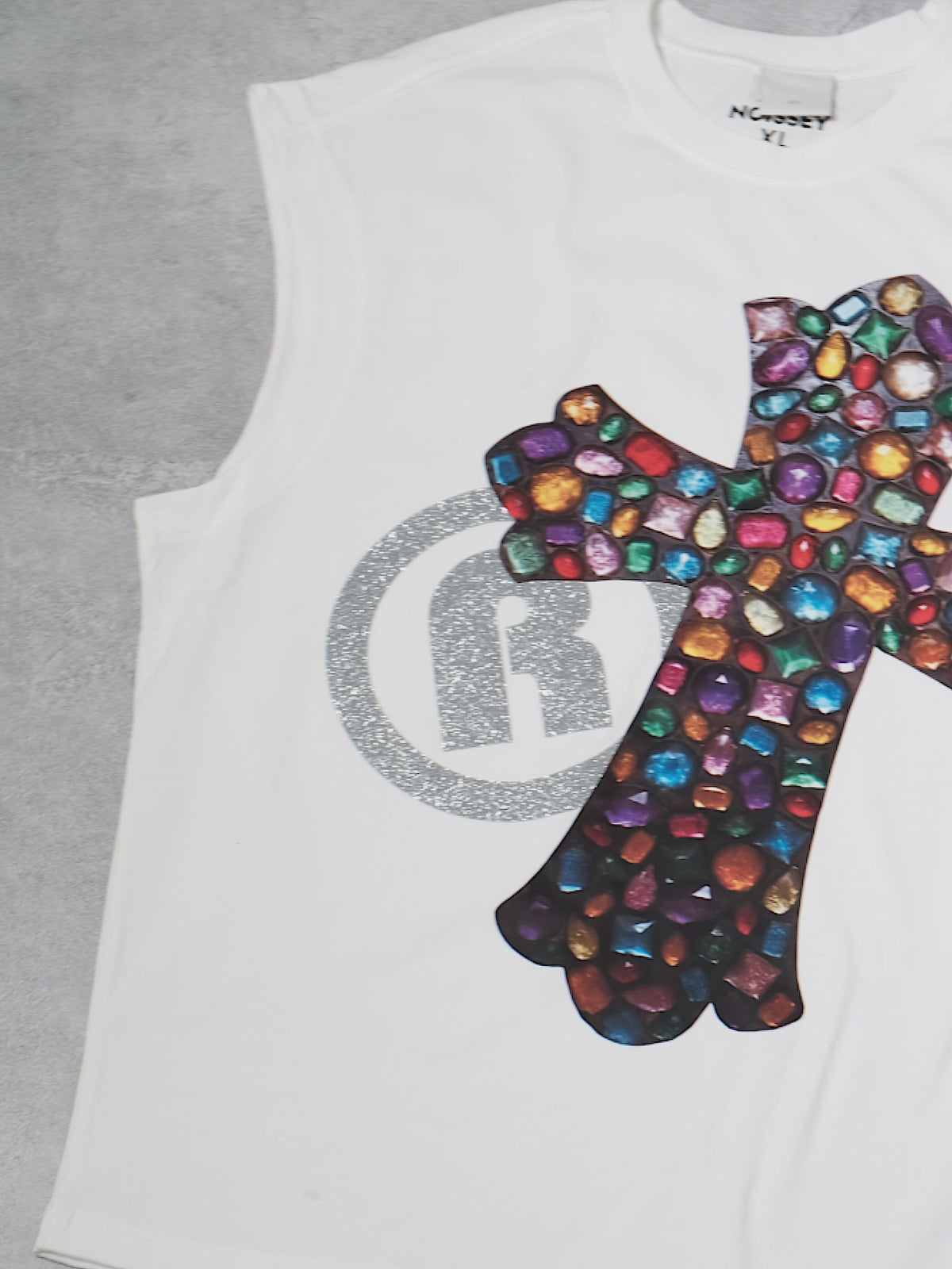 BOUNCE BACK© Gemstone cross shimmering text print Round Neck Tank Top