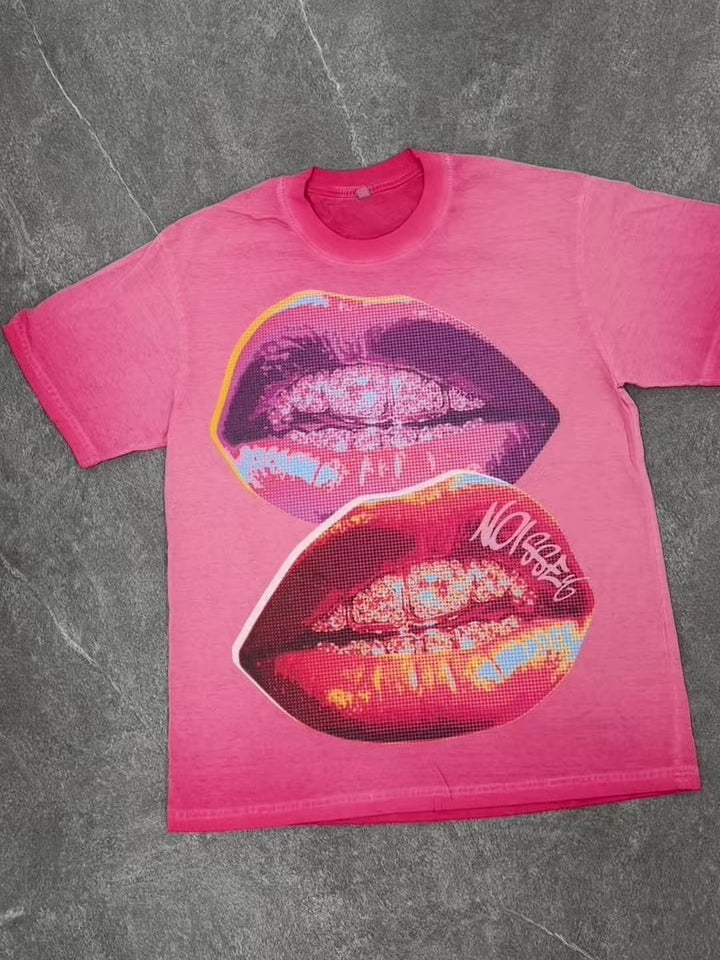 NOISSEY Double Pop Art Iced-Out Lips Graphic Tee - Pink Oversized Streetwear Shirt