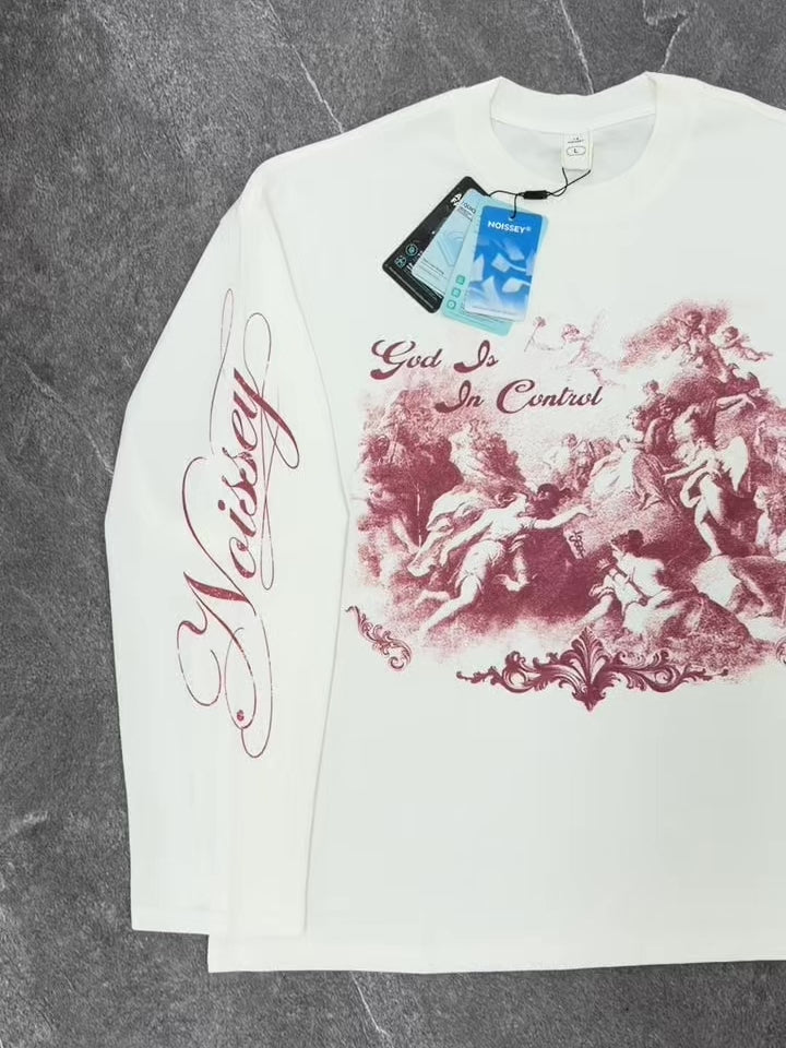 NOISSEY "God Is In Control" Vintage Crimson Angel Oil Painting Graphic Long Sleeve Sweatshirt