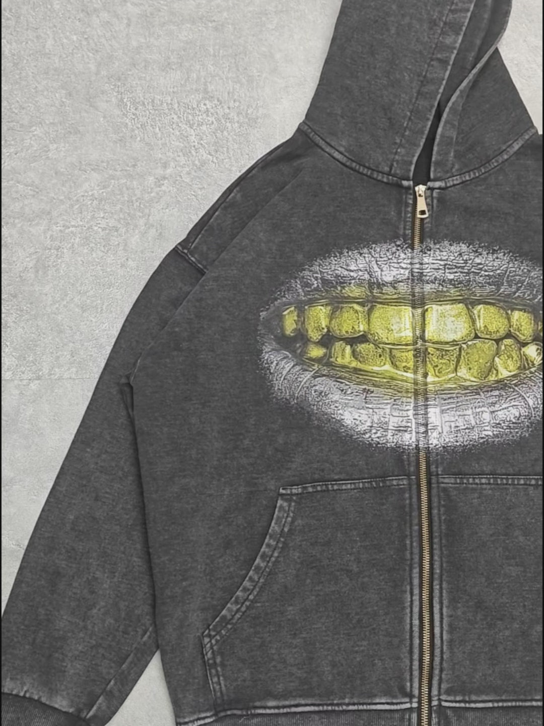 Vintage gold teeth silver lips print zipper 350g hoodie