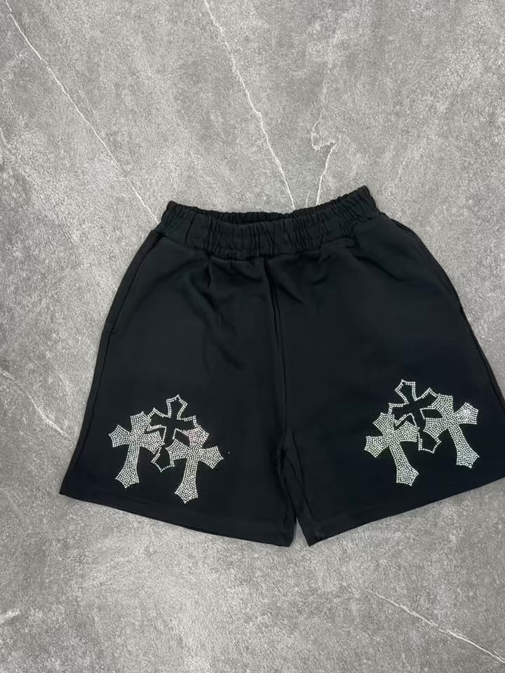 NOISSEY Gothic Rhinestone Crosses Fleece Shorts - Black Oversized Y2K Streetwear Shorts