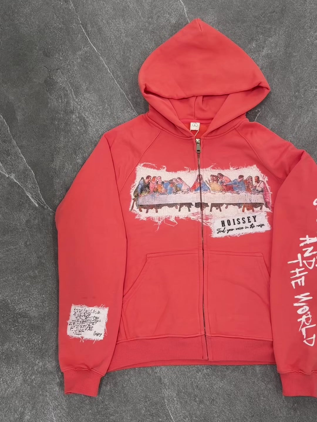 NOISSEY Vintage "The Last Supper" Faux Raw-Edge Patchwork Full-Zip Hoodie - Heritage Orange