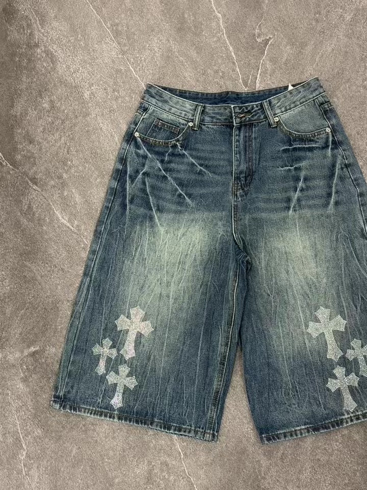 NOISSEY "Galactic Constellation" Asymmetric Gothic Cross Denim Jorts 2 Colors