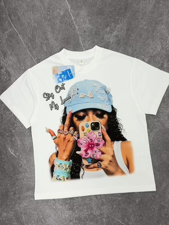 NOISSEY Y2K Lace Cap & Gem Flower Phone Case Graphic Oversized Tee (Crisp White)