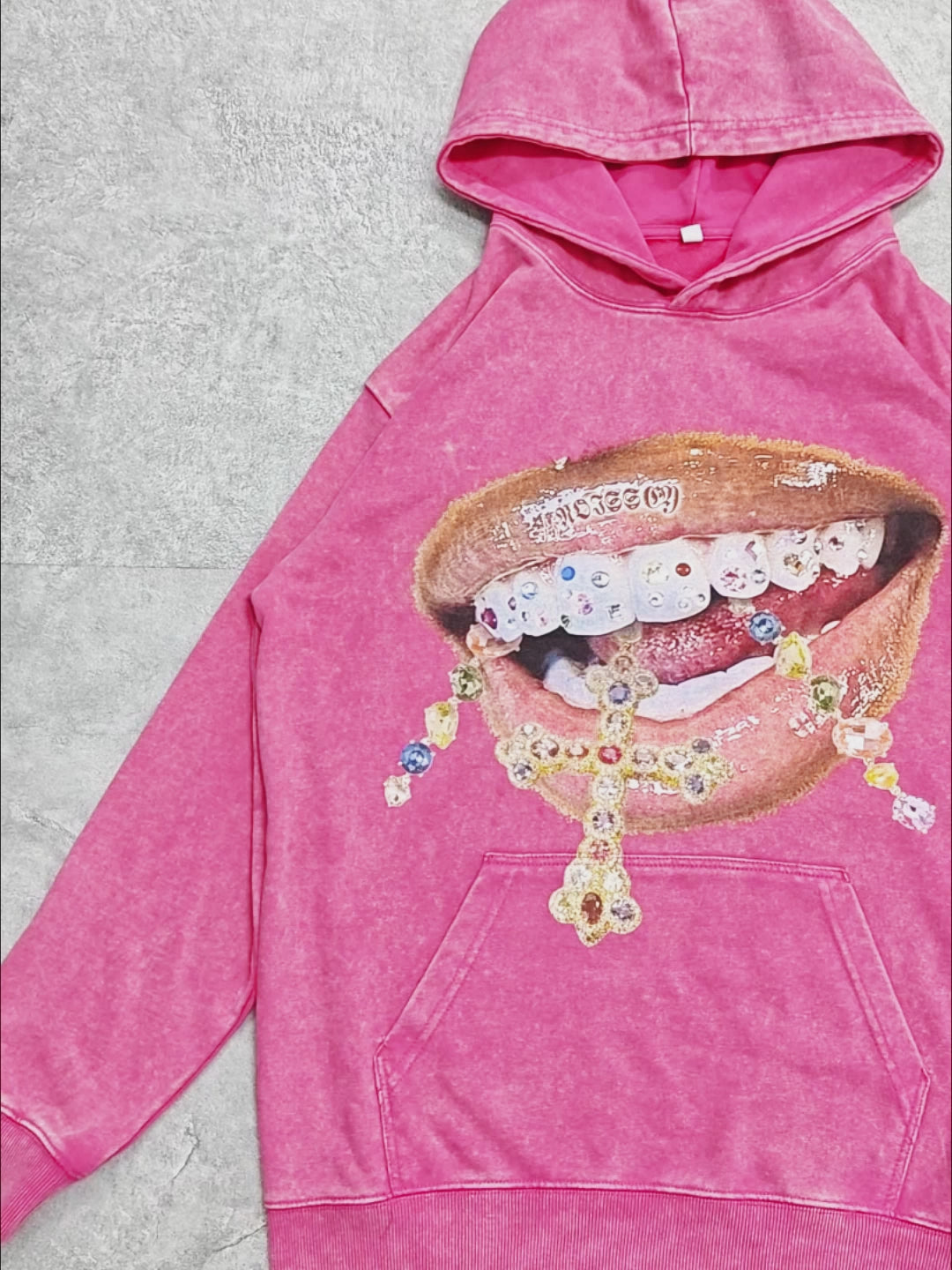 High quality Diamond Teeth Cross Print 425g Washed Hoodie