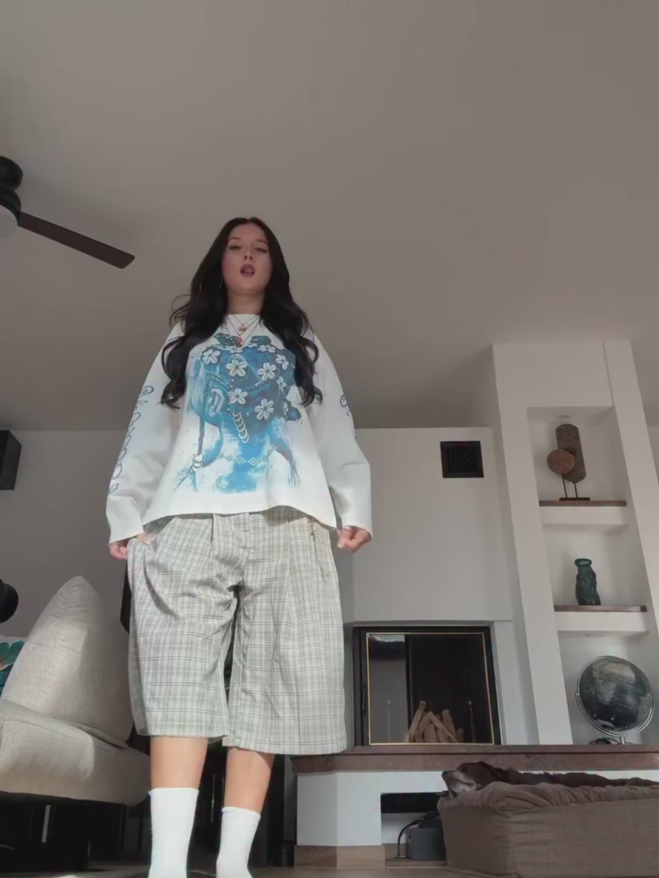 NOISSEY "Vintage Blue" Braided Girl Portrait Long Sleeve Sweatshirt - Off-White