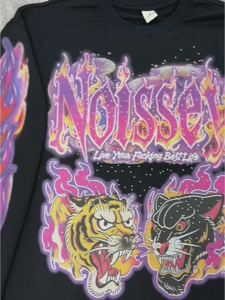 NOISSEY "Neon Cyber Beast" Jet Black Sweatshirt - Rhinestone Crafted Oversized Long-Sleeve