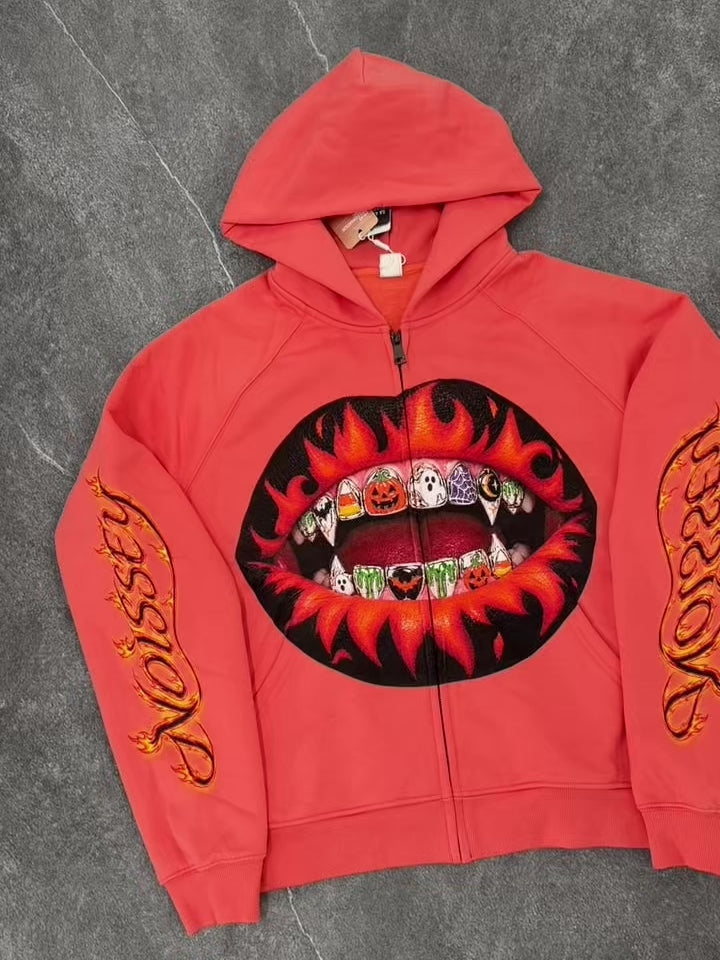 NOISSEY "Spooky Grillz" Flame Lips &amp; Halloween Diamond Grillz Orange Zip-Up Hoodie