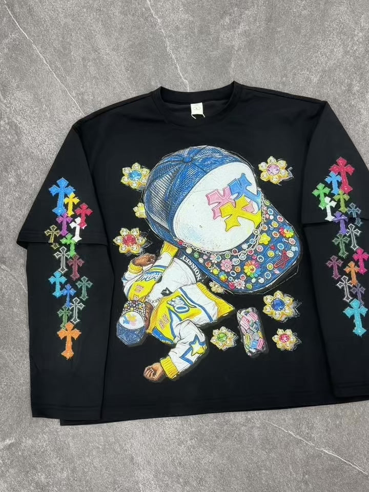 NOISSEY Hip-Hop Trucker Hat Graphic Heavyweight Faux Two-Piece Crewneck Long Sleeves Black