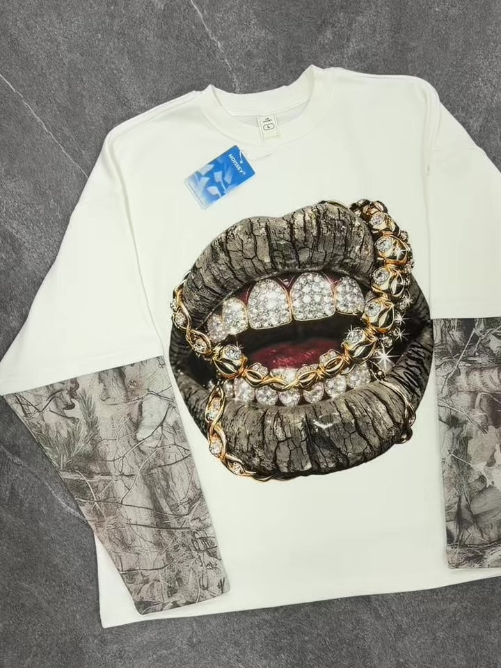 NOISSEY Gold Chain Grills Graphic - Iced Out Tree Camo Long Sleeve