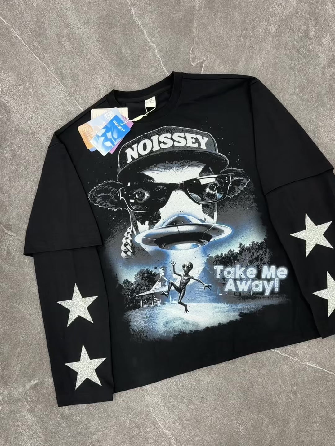 NOISSEY "Take Me Away" Alien Cow UFO Parody Black Fake Two-Piece Long-Sleeve Tee