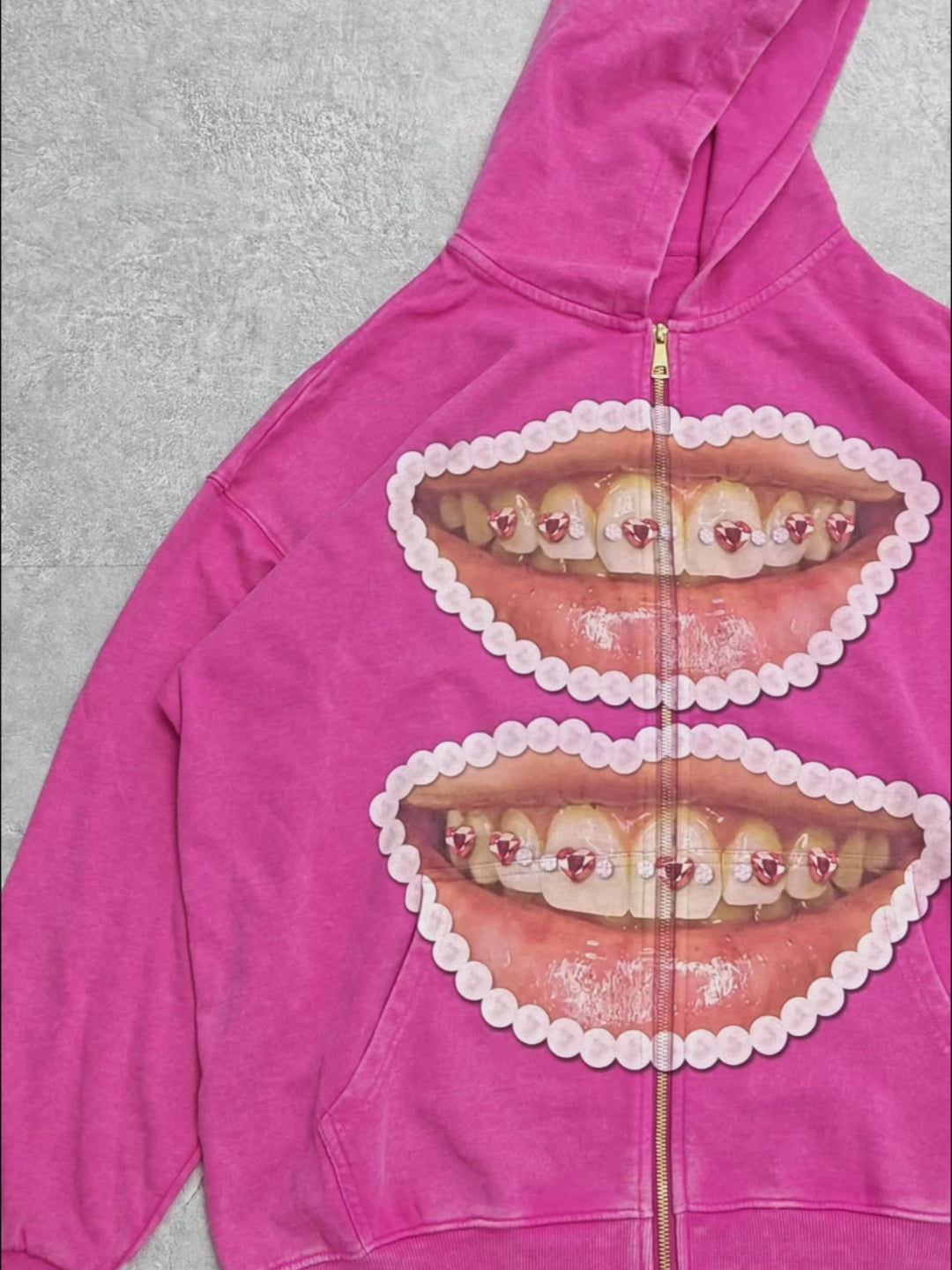 Pearl Heart Lip Print Zip-up 350g Hoodie