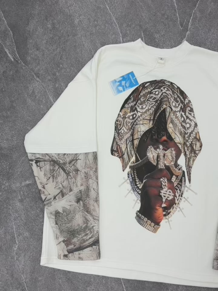 NOISSEY "Underground Vibe" Camo Panel Rap Graphic Sweatshirt - Off-White