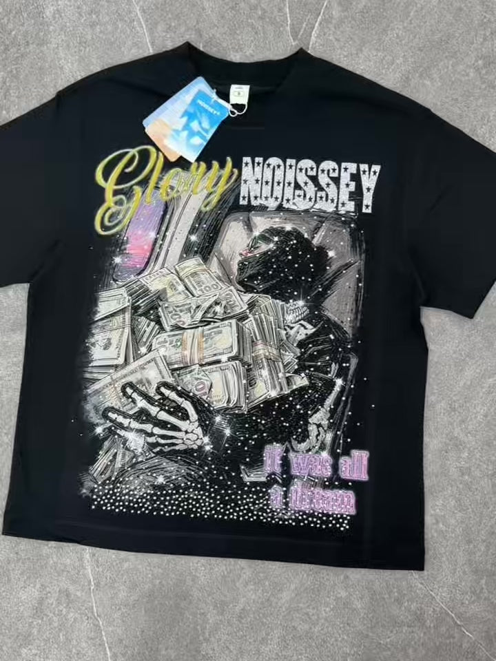 NOISSEY "Glory Dream" Private Jet Cash Skeleton Rhinestone Oversized Tee