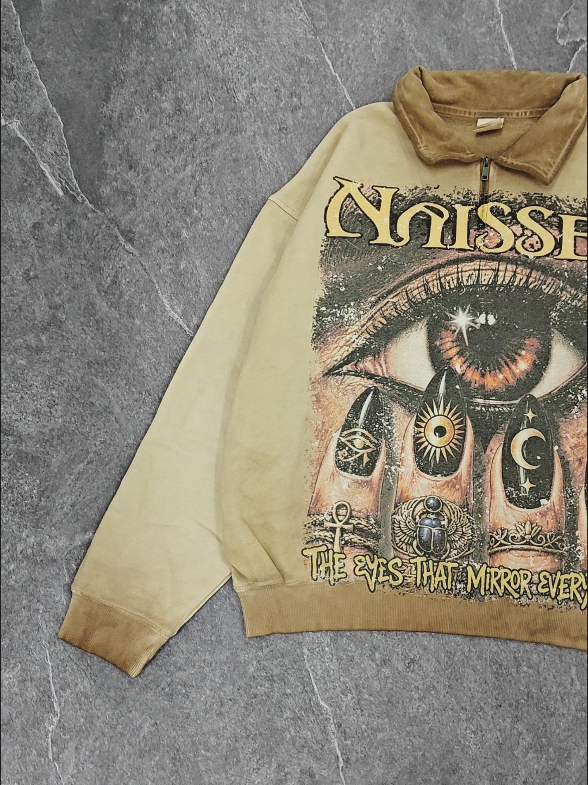 NOISSEY "The Eyes That Mirror Everything" Vintage Khaki Half-Zip Long Sleeve Polo