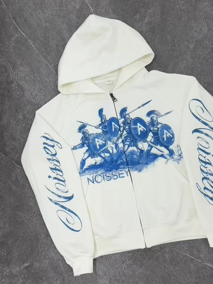 NOISSEY "Spartan Vanguard" Blue Print White Full-Zip Hoodie
