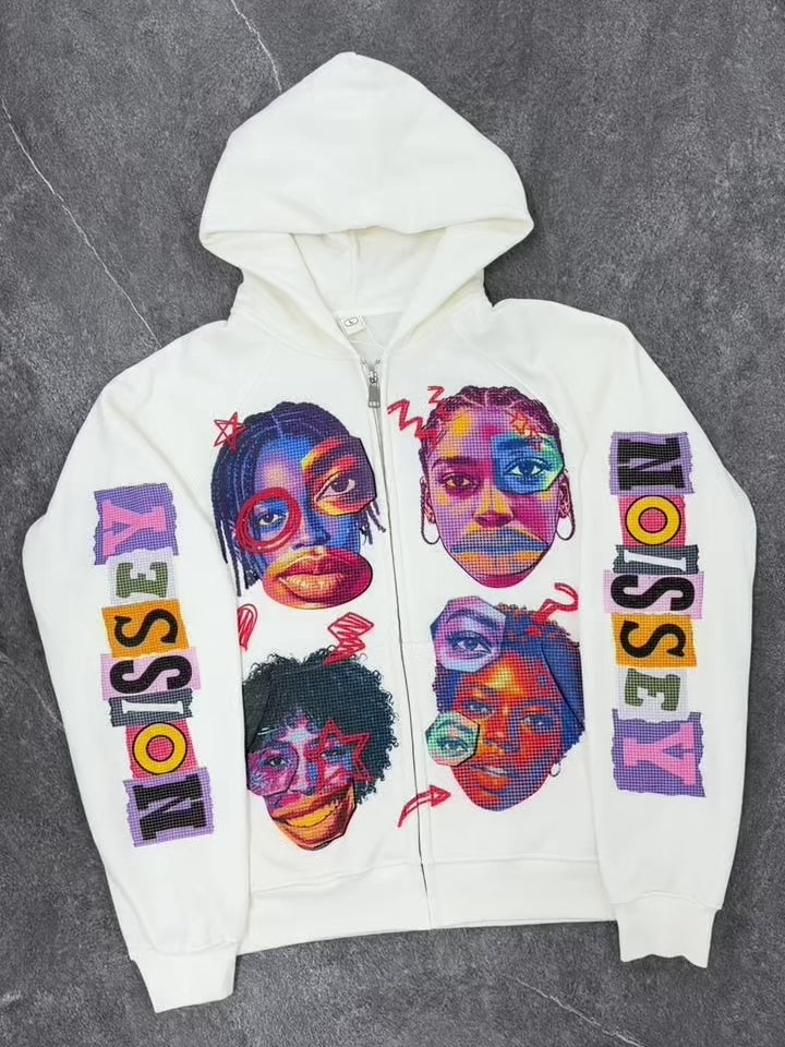 NOISSEY Pop-Art Portrait Collage Graphic Full-Zip Hoodie - White
