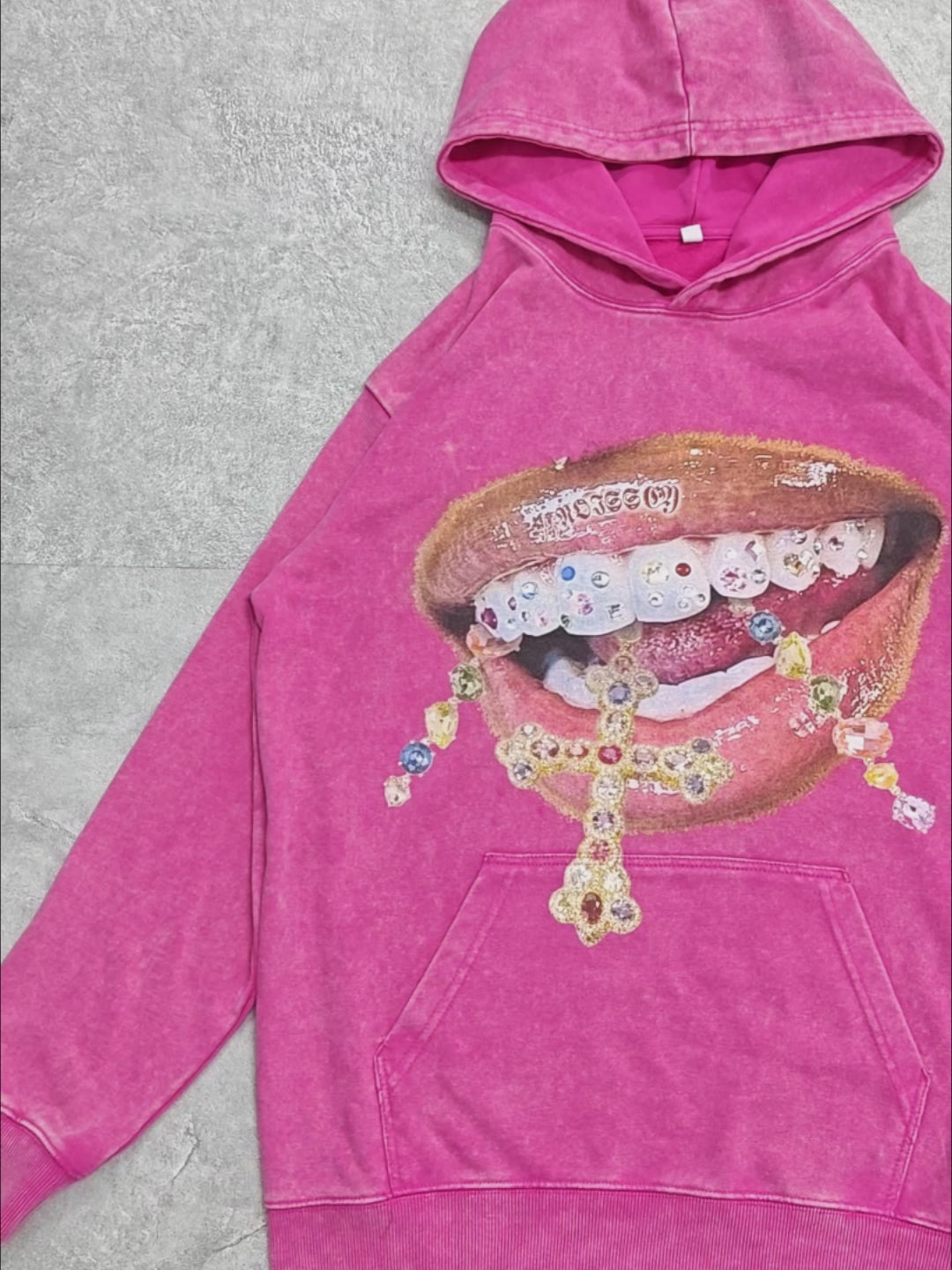 High quality Diamond Teeth Cross Print 425g Washed Hoodie