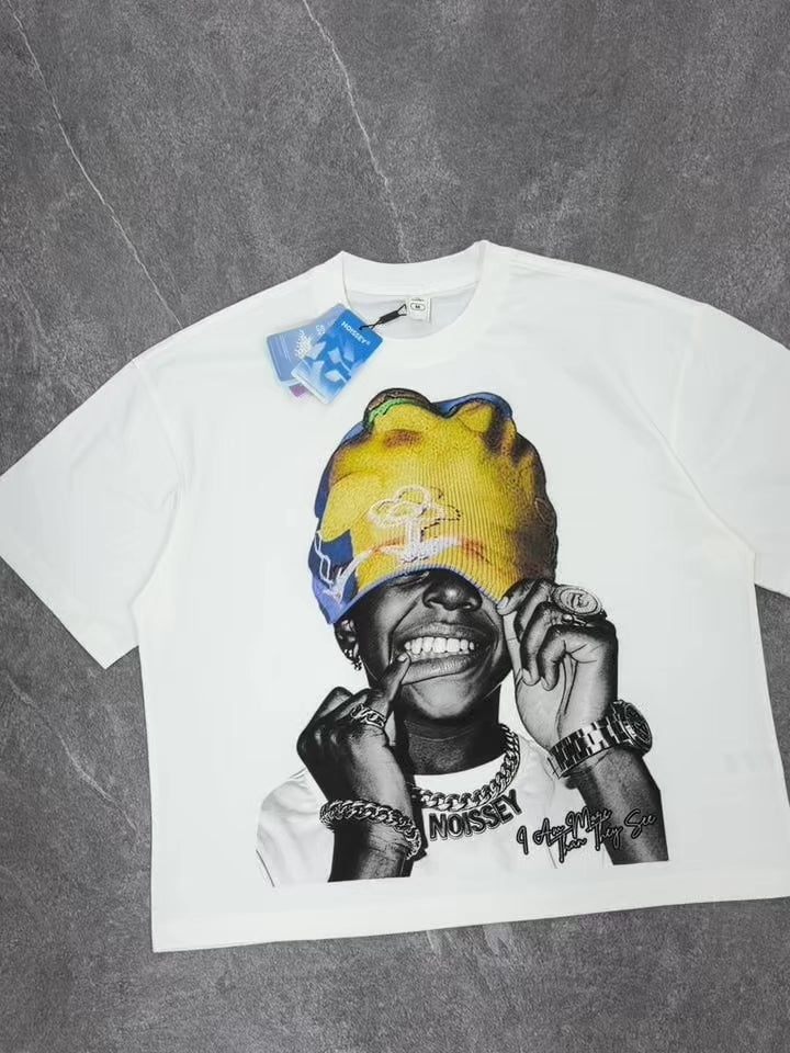 NOISSEY Yellow &amp; Blue Knit Beanie Hip-Hop Boy Graphic Boxy Tee - White Heavyweight Streetwear T-Shirt
