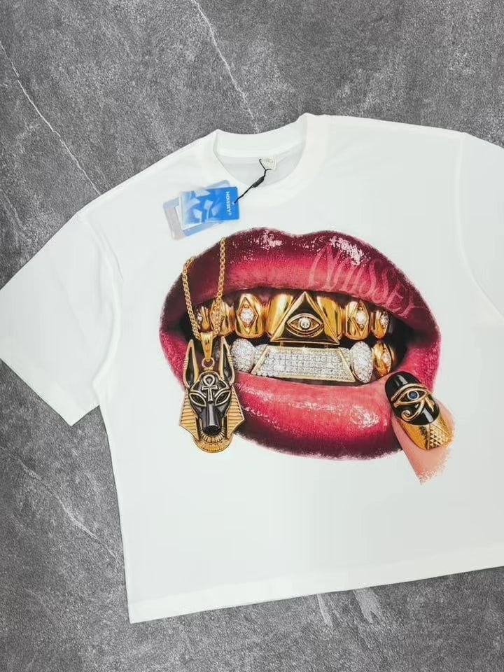 NOISSEY Anubis Necklace Pyramid Grillz Egyptian Nail Art White Boxy T-Shirt