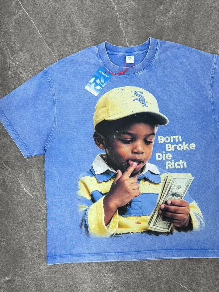 NOISSEY "Born Broke Die Rich" Yellow Cap Kid Graphic Acid-Washed Blue T-Shirt