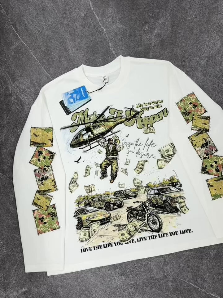 NOISSEY Make It Happen Military Helicopter Camo Heavyweight Cotton Blend Long Sleeve