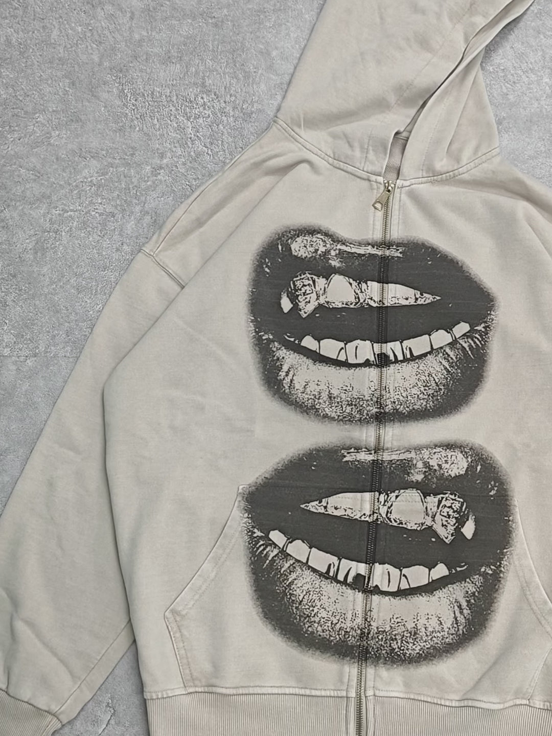 Black & White Lips Shell Washed Zip Up Hoodie