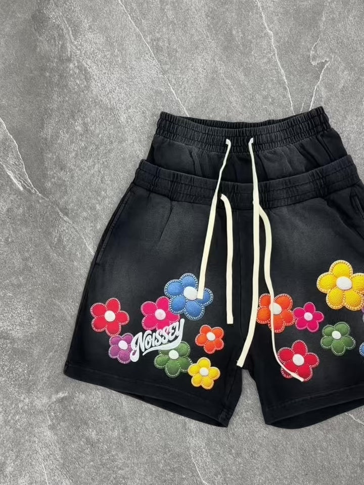 NOISSEY Washed Black Rainbow Flower &amp; Script LOGO Printed Oversized Sweat Shorts