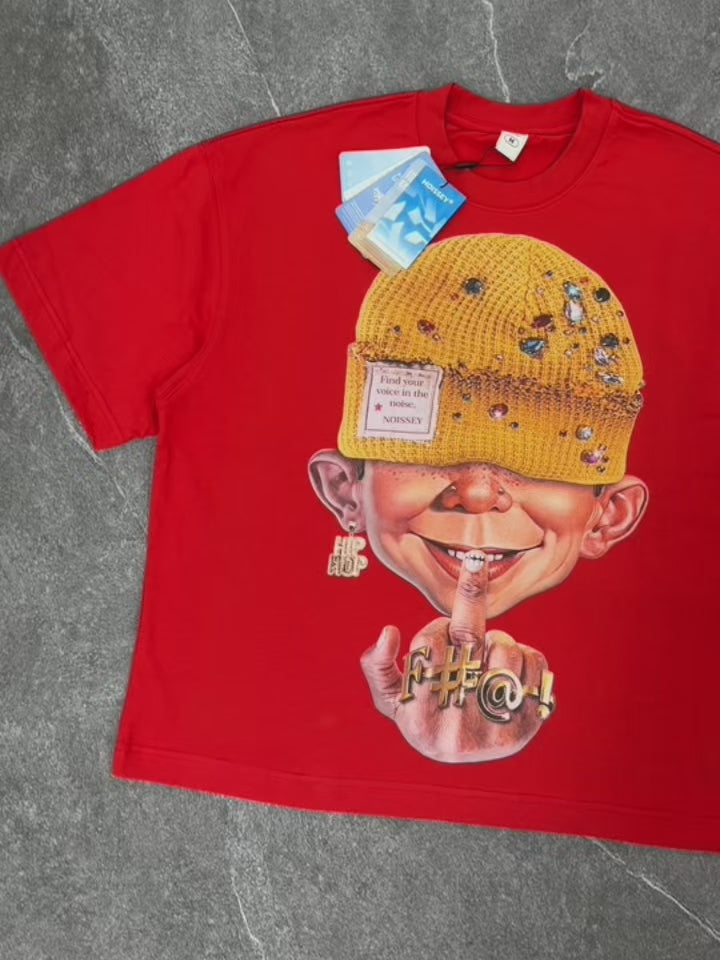 NOISSEY "Find Your Voice" Cartoon Graphic Tee - Vibrant Street Red