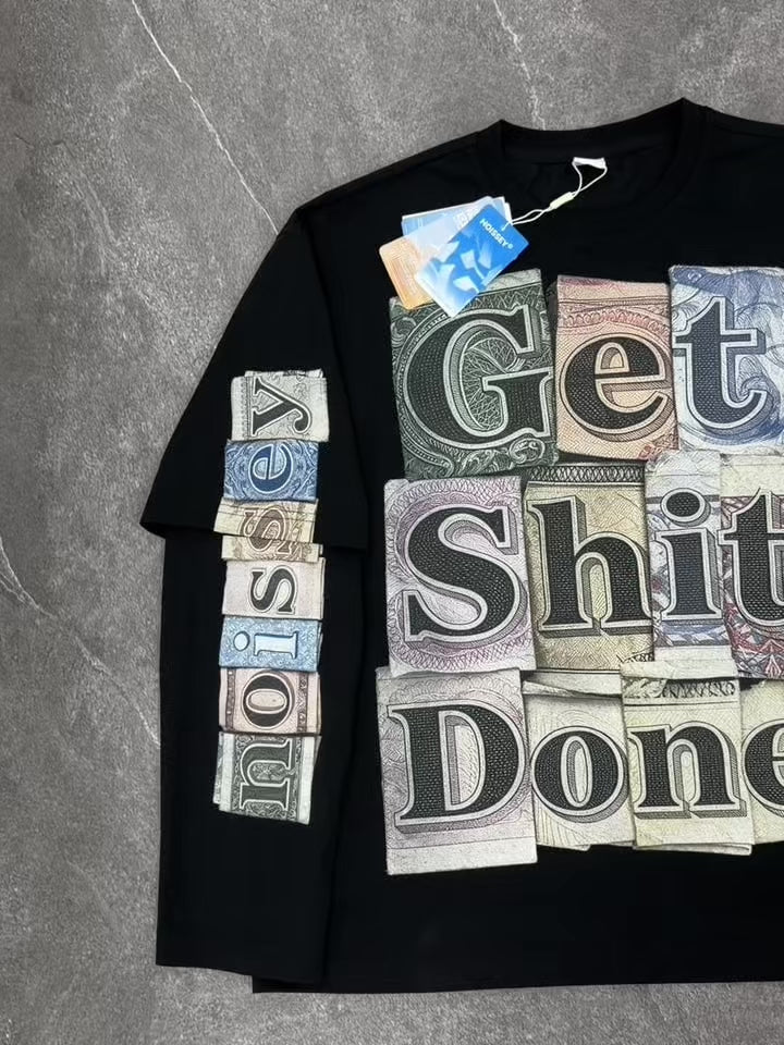 NOISSEY Money Collage "Get Shit Done" Streetwear Black Faux-Layer Long Sleeves