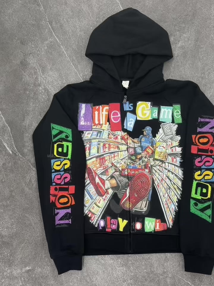 NOISSEY Pop-Art Supermarket Collage Full-Zip Hoodie - White / Black Streetwear Hoodie
