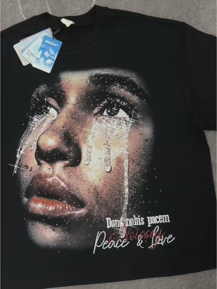 NOISSEY "Peace & Love" Black Boxy Tee - Diamond Tears Graphic