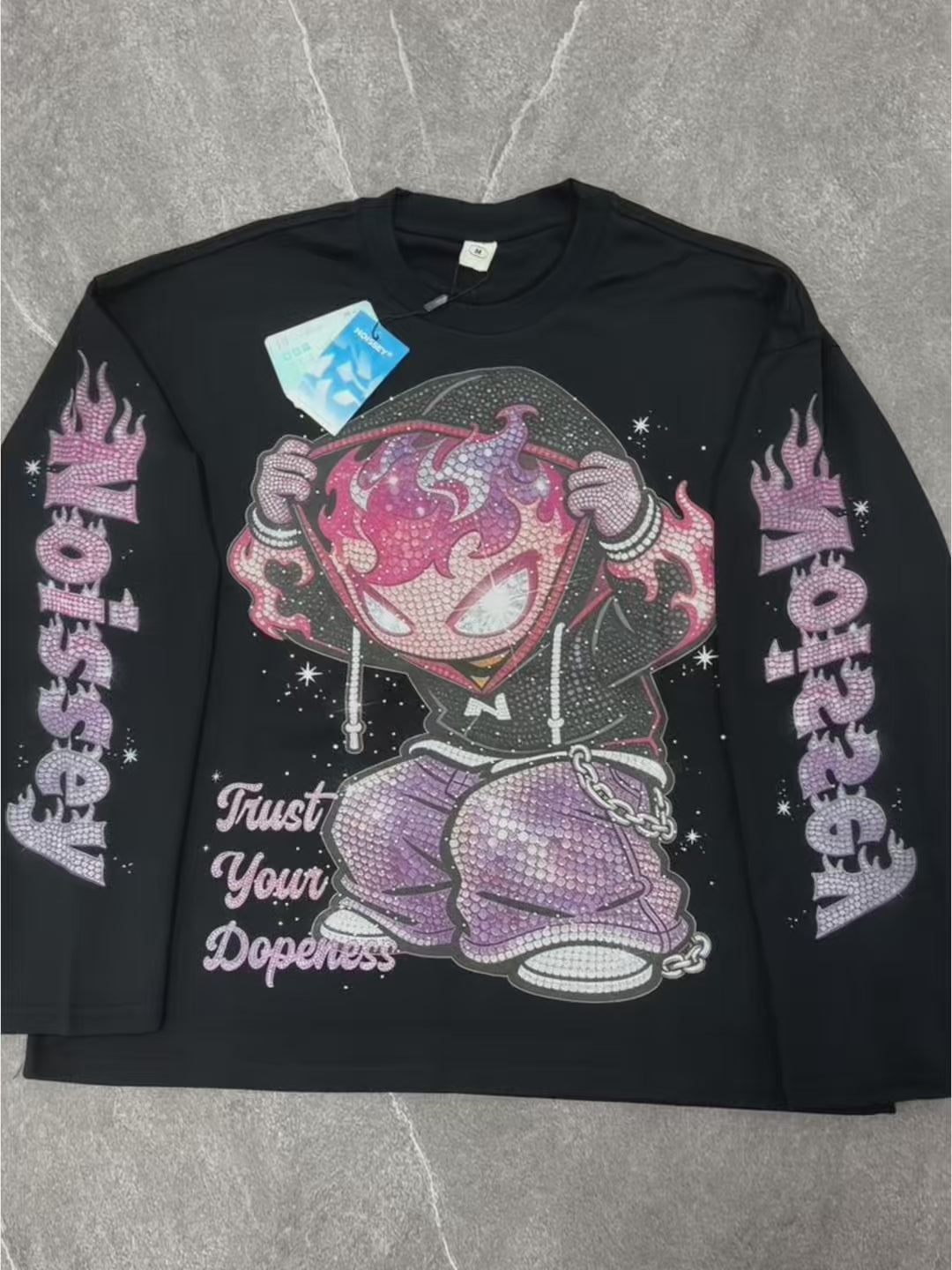 NOISSEY "Flame Kid" Pink-Purple Full-Rhinestone Long Sleeve - Heavyweight Black