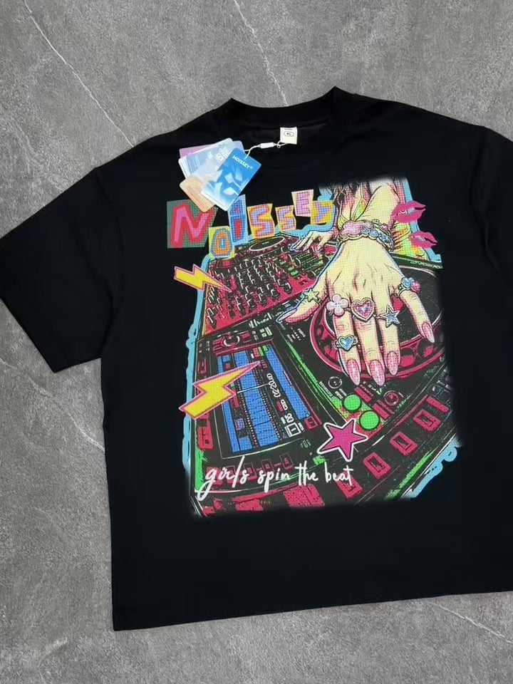 NOISSEY Pop Art DJ Turntable Oversized Graphic Tee - Black Y2K Party Streetwear Shirt