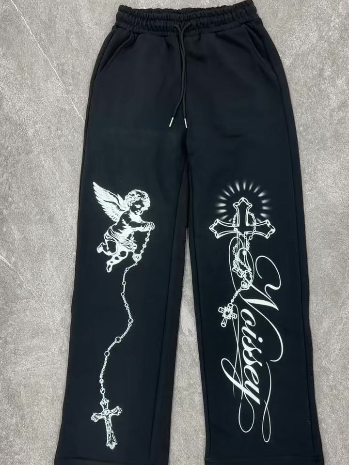 NOISSEY Angel &amp; Cross Religious Graphic Heavyweight Drawstring Casual Pants