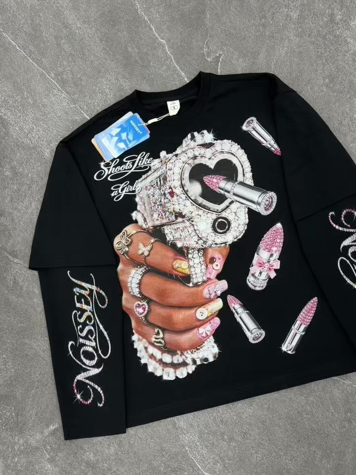NOISSEY Rhinestone Gun & Pink Lipstick Graphic Faux Layer Long Sleeve Tee – Black