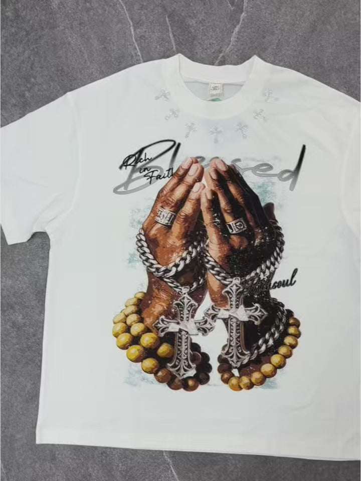 NOISSEY "Blessed Rich Soul" Praying Hands & Rosary Graphic DIY Rhinestone T-Shirt