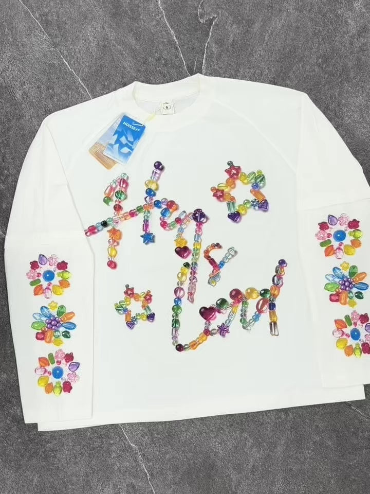 NOISSEY Rainbow Crystal Beaded Script Faux-Two-Piece Long Sleeve - Pearl White