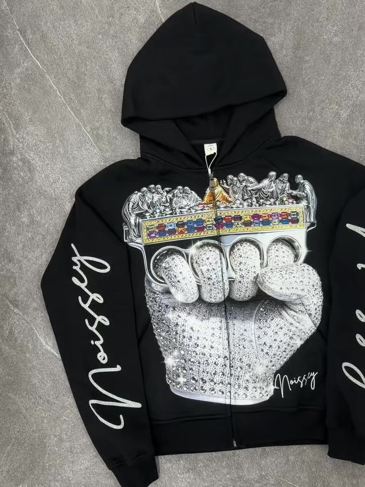 NOISSEY Iced-Out The Last Supper Brass Knuckles Black Zip-Up Hoodie