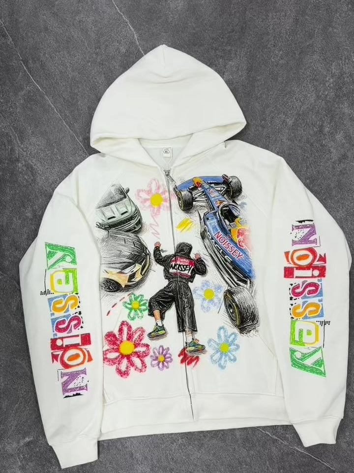 NOISSEY Frog Buttons &amp; Floral Knot Zip Hoodie - Pearl White